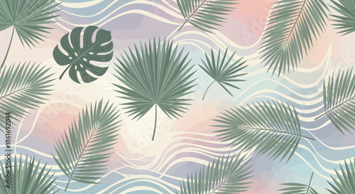 Tropical Leaf Pattern with Calm Watercolors and Flowing Lines Creating a Serene Nature Design for