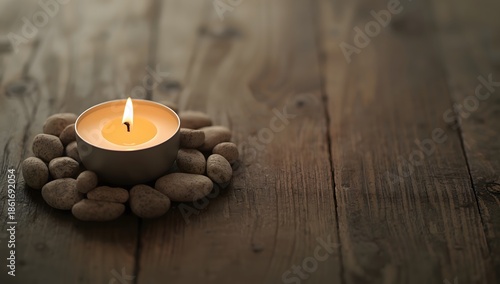 Serene Candlelight on Rustic Wooden Table Surrounded by Stones
