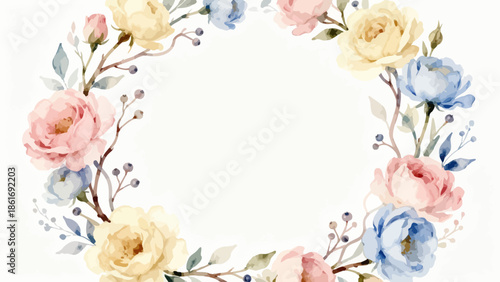 Watercolor floral wreath with pink blue and yellow flowers