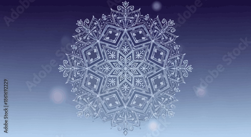 Intricate snowflake with detailed geometric patterns and frosty design set against a cool winter