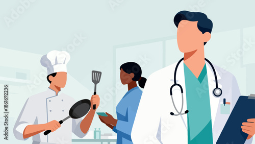 doctor chef and nurse in medical kitchen