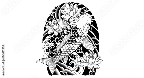 Elegant black and white koi fish with water lilies and flowing waves artpiece for traditional