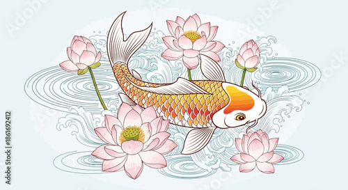 Beautiful koi fish swimming among pink lotus flowers in tranquil water scene