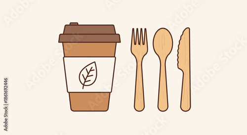 Eco-Friendly Takeaway Coffee Cup with Wooden Cutlery Set for Sustainable Lifestyle