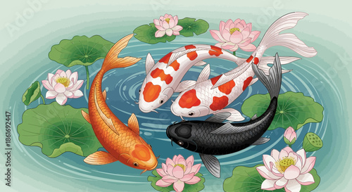 beautiful koi fish swimming among lotus flowers in a calm pond scene with vibrant colors