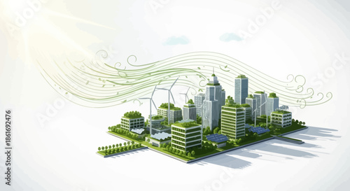 eco-friendly urban cityscape with green buildings and wind turbines emphasizing sustainability and