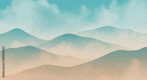 Serene Misty Mountain Landscape with Soft Hues and Overlapping Ridges