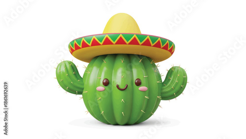 Cheerful cartoon cactus with sombrero wearing a friendly face and bright colors.