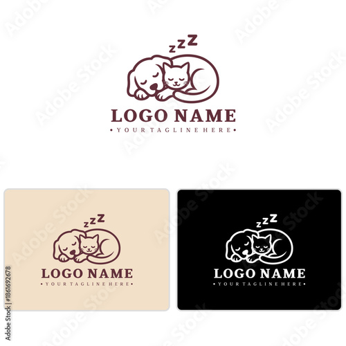 Line-art mascot logo of sleeping pets. Designed for vet brands, shelters, CBD treats, rescue nonprofits, or animal sleepwear startups.