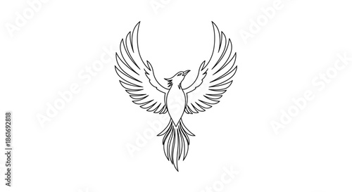 Elegant Line Art Illustration of a Dynamic Phoenix Rising with Outstretched Wings and Detailed