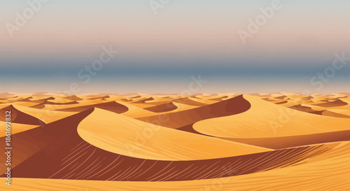 vast sand dunes stretching across the desert landscape under a colorful sky at sunset
