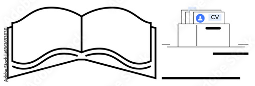 Education concept. Open book and resume folder symbols education, skills, and career advancement. Education drives career growth and development. For training, job applications, learning platforms