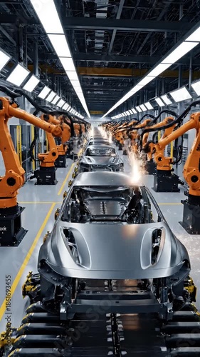 Automotive Factory Robotic Assembly Line With Cars and Sparks