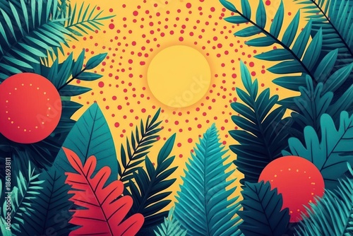 bright tropical scene with a radiant yellow sun, dotted sunburst, lush teal and green palm and fern leaves and bold red circular ornaments conveying cheerful playful summer mood