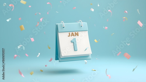 3D Calendar January 1st with Confetti on Blue Background