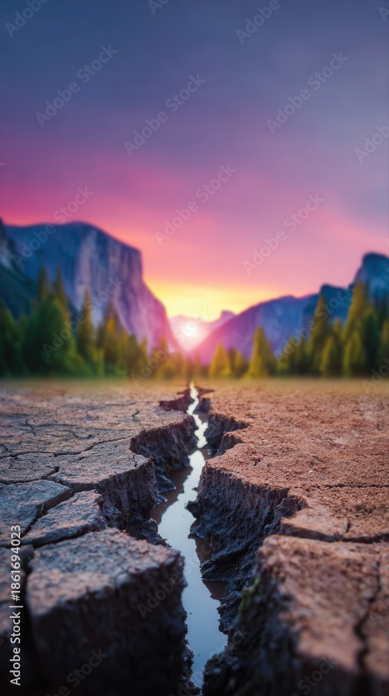 Obraz premium Dramatic landscape with dry cracked earth and stream at sunset