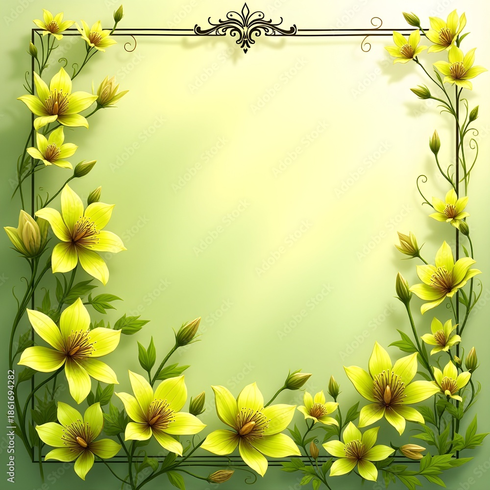 Obraz premium Elegant Yellow Lily Botanical Frame With Ornate Black Filigree Border