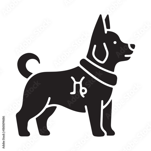 Black and white silhouette of a dog wearing a collar with Aquarius symbol isolated on transparent background