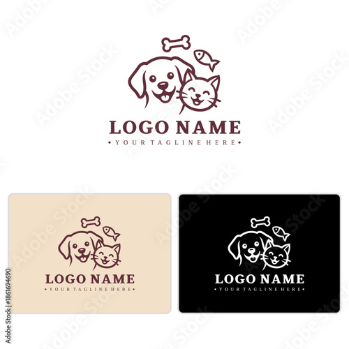 Minimal Line Pet Mascot Logo – Cat and Dog with Fish and Bone Symbol