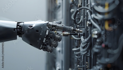 Robotic Hand Interacting with High-Tech Machinery in Modern Setting