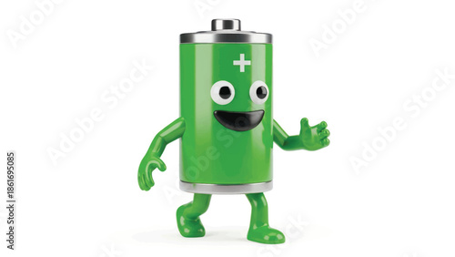 Cheerful green battery mascot character posing with a friendly gesture for energy themes.