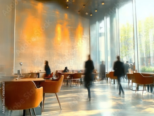 sunlit modern cafe interior with orange armchairs, wooden tables, tall glass windows, warm glowing wall and blurred figures walking, creating a cozy lively and tranquil atmosphere