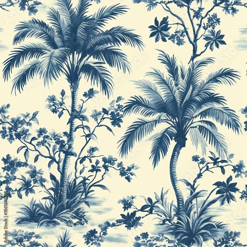 Serene vintage blue botanical illustration of palm trees, tropical plants and flowering shrubs on a cream background with an ornamental wallpaper feel