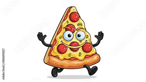 Cheerful cartoon pizza slice mascot with arms and legs in a playful pose.