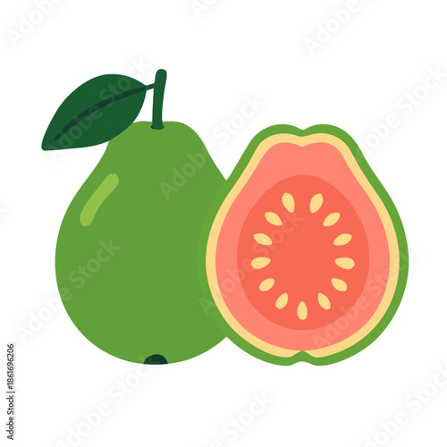 Guava fruit icon, whole and halved to show pink/white flesh and seeds, tropical flat design.