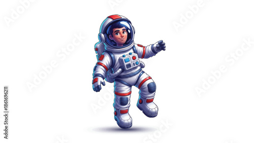 Cheerful cartoon astronaut floating in a playful space suit pose in zero gravity.