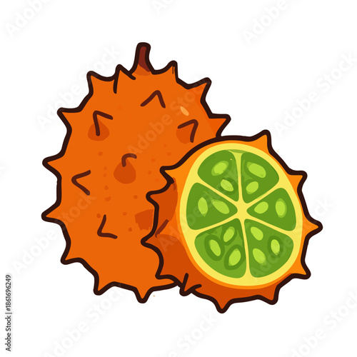 Horned melon (kiwano) icon, showing its spiky orange exterior and green jelly inside.
