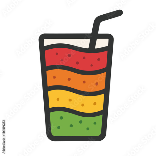 Fruit smoothie in a tall glass icon with straw, layers of color from different fruits.