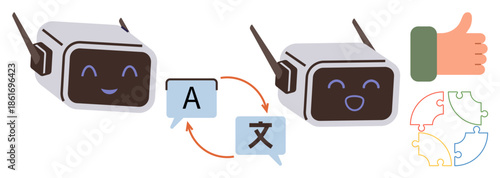 Two smiling robots exchanging language messages, arrows symbolizing translation process, thumbs-up for approval, puzzle pieces for teamwork. Ideal for AI, technology, global communication, education