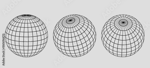 Globe grid spheres. Striped 3D wireframe spheres, geometry globe grid, earth latitude and longitude line grid vector symbols set
