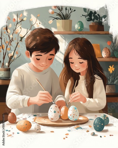 Two children painting colorful speckled eggs at a cozy sunlit table surrounded by potted plants and spring decorations, focused and joyful