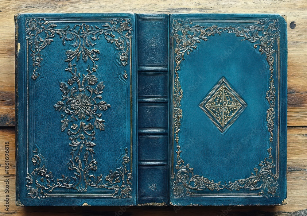 Fototapeta premium worn teal leather book with ornate gilded floral embossing and central diamond medallion, spine with raised bands, laid open on a wooden table, evoking nostalgia and mystery