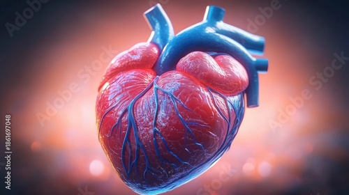 detailed glowing anatomical human heart with blue arteries and veins in realistic 3d rendering conveying vitality and awe