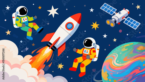 Astronauts in space with rocket and satellite