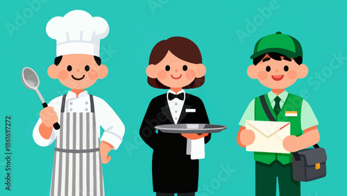 Three cartoon workers in different uniforms
