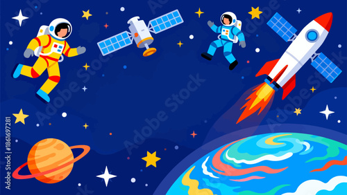 Astronauts in space with rocket and planet