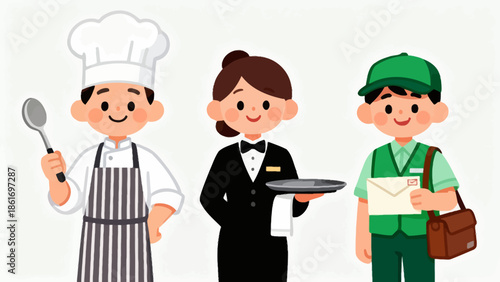 Three cartoon workers in different uniforms
