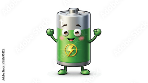 Cheerful green battery cartoon character with lightning bolt emblem and arms.