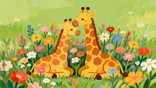 Giraffe pair in flower field
