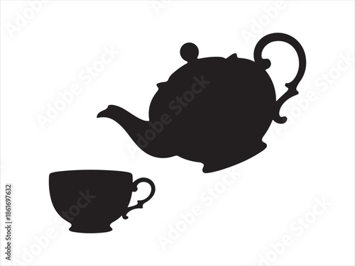 Coffee kettle pouring into cup silhouette vector, Black silhouette of teapot pouring hot tea into a teacup, vintage style, morning beverage silhouette. vector illustration 