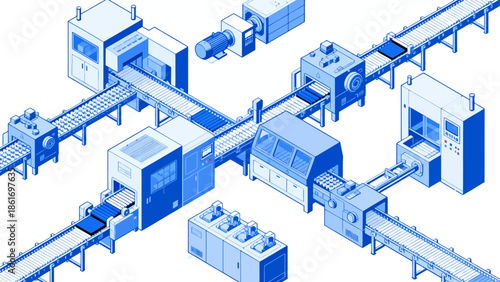 Blue line art of industrial conveyor system