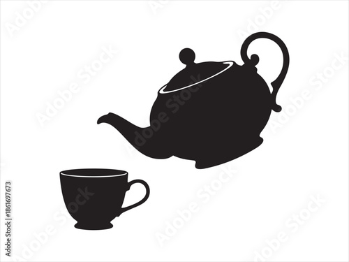 Coffee kettle pouring into cup silhouette vector, Black silhouette of teapot pouring hot tea into a teacup, vintage style, morning beverage silhouette. vector illustration 