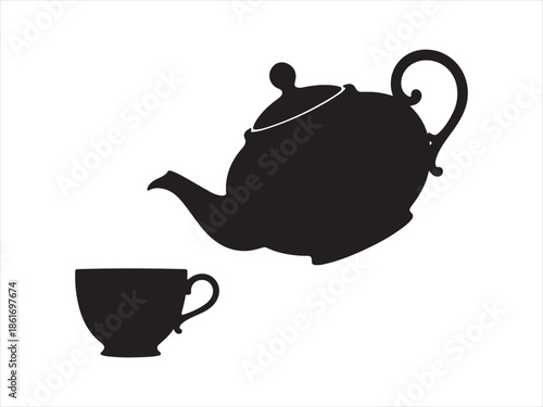 Coffee kettle pouring into cup silhouette vector, Black silhouette of teapot pouring hot tea into a teacup, vintage style, morning beverage silhouette. vector illustration 