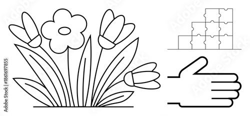 Line art. Line art of flowers, hand, and puzzle elements captures simplicity and creativity. Line art s nature and logic concepts. For educational, design, nature, art projects teaching