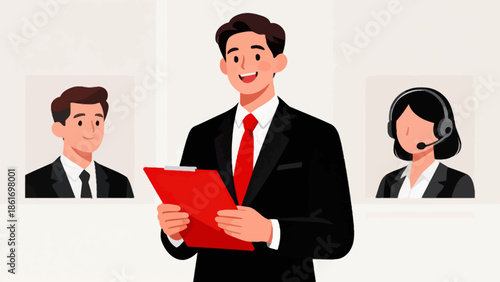 Businessman with clipboard and colleagues