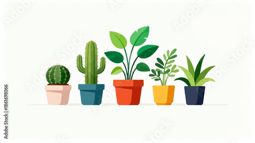 Five potted plants in colorful pots